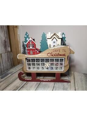 Sleigh Advent Calendar With Snowflake Magnetic Marker Wood Trees Church Snow